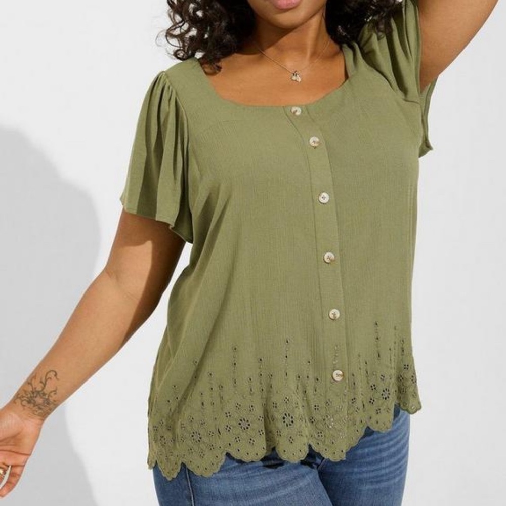 Washable Gauze Square Neck Eyelet Top
